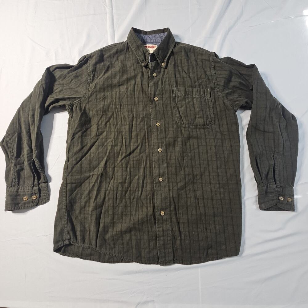 Men's Wrangler Authentics Dark Green Plaid Long Sleeve Button-Down Shirt Medium